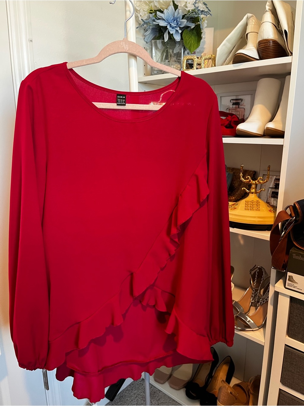 SHEIN Red Ruffle Long-Sleeve Blouse